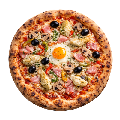 La Royale - Sauce tomate italienne, olives, jambon supérieur vpf, poivrons, champignons, cœur d’artichauts, œuf