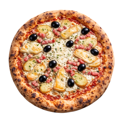 La Savoyarde - Sauce tomate italienne, olives, pomme de terre, lardons fumés vpf, reblochon AOP, crème fraîche