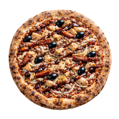 La Barbecue - Sauce tomate italienne, olives, oignons, poulet, merguez bœuf/mouton, sauce barbecue, herbes de Provence