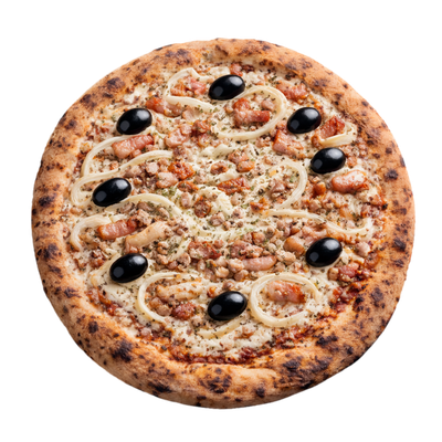 La Flammenkuche - Crème fraîche, olives, lardons fumés vpf, oignons