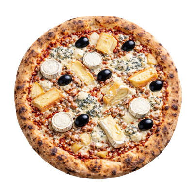 La 7 Fromages - Sauce tomate italienne, olives, roquefort AOP, chèvre, emmental , mozzarella, parmesan, reblochon AOP, brie