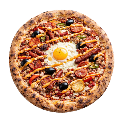 La Banzai - Sauce tomate italienne, olives, haché de bœuf, poivrons, chorizo espagnol, merguez bœuf/mouton, œuf, sauce samouraï