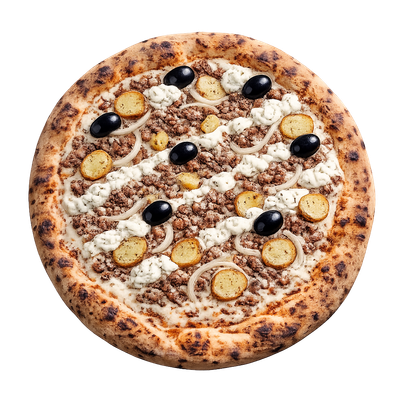 La Boursinoise - Crème fraîche, olives, oignons, haché de bœuf, pomme de terre, boursin