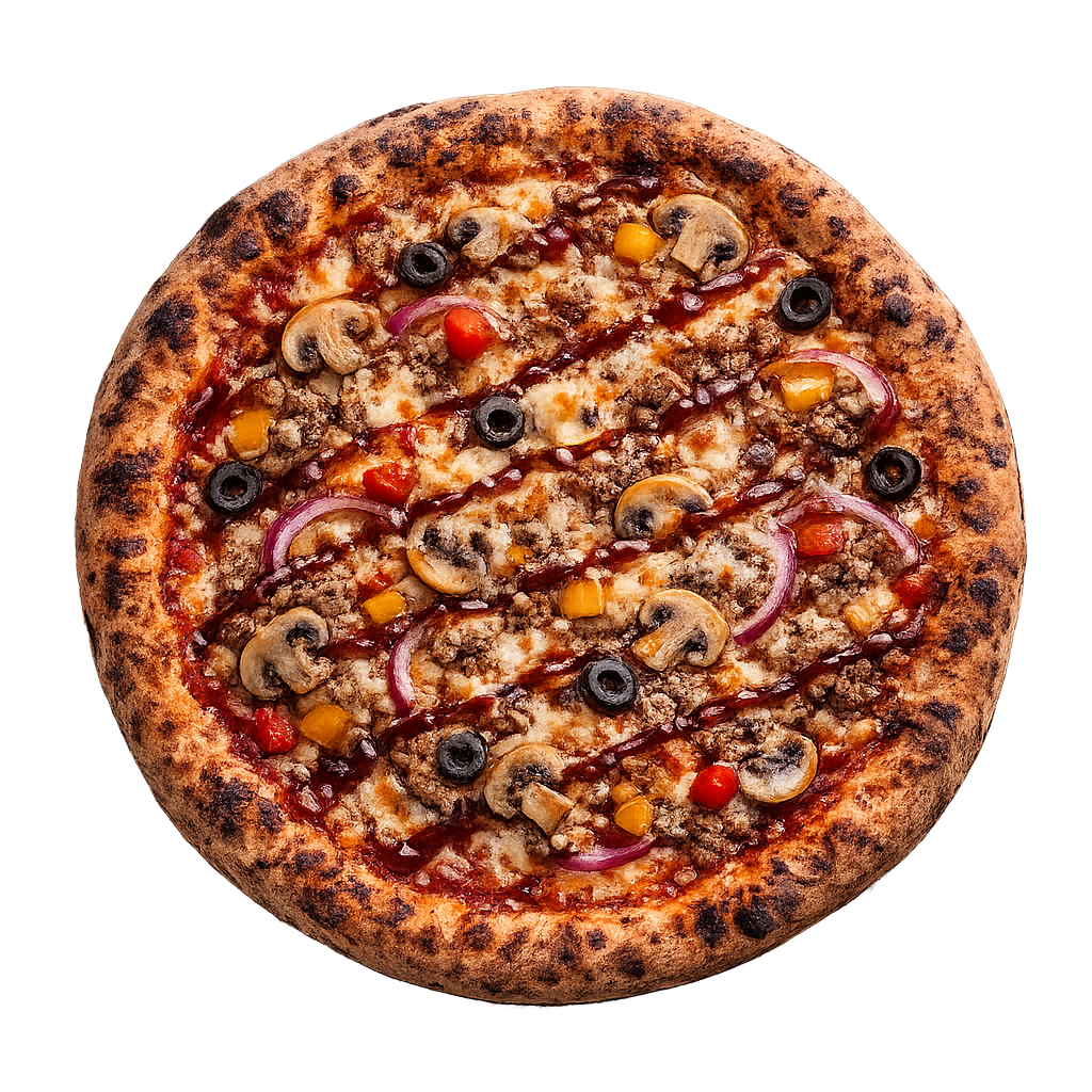 La Buffalo - Tomates cuisinées à l’italienne, olives, viande hachée, champignons, cheddar, oignon rouge, poivrons, sauce barbecue