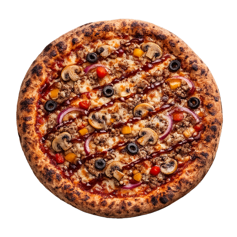 La Buffalo - Tomates cuisinées à l’italienne, olives, viande hachée, champignons, cheddar, oignon rouge, poivrons, sauce barbecue