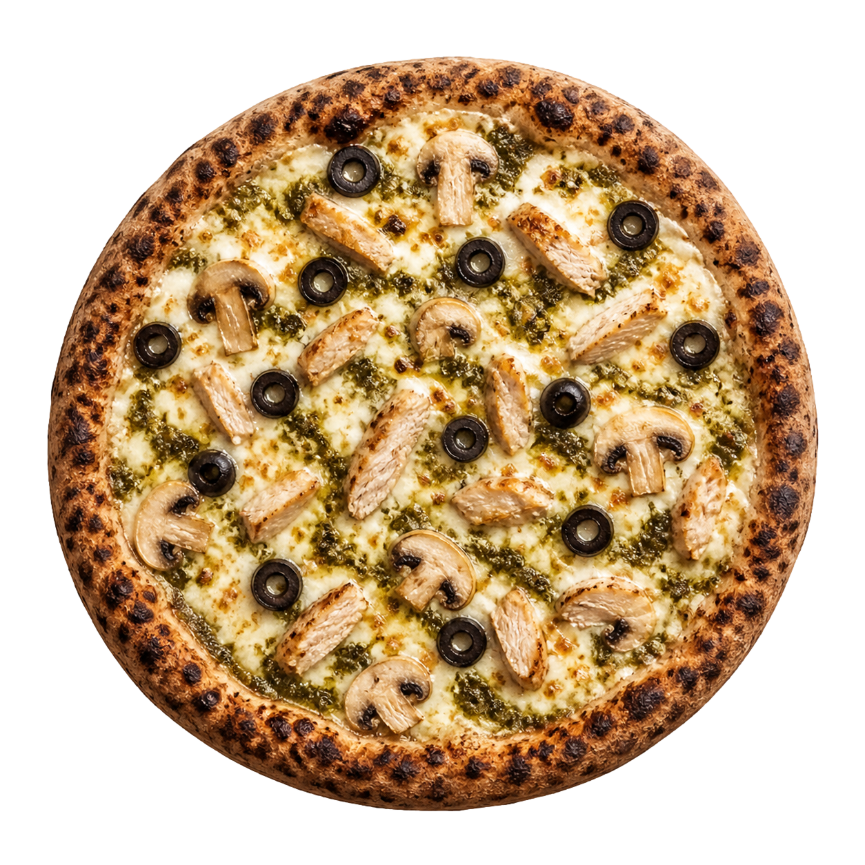 La Poulet Pesto - crème fraîche, olives, poulet, champignons, fromages, sauce pesto