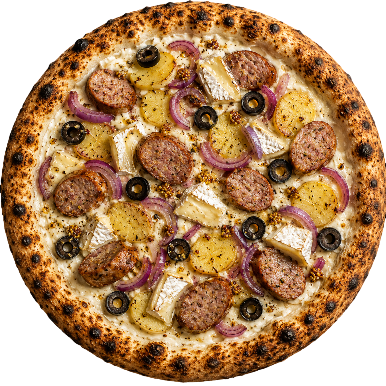 La Troyenne - crème fraîche, olives, andouillettes, Chaource, oignon rouge, pomme de terre, moutarde à l'ancienne