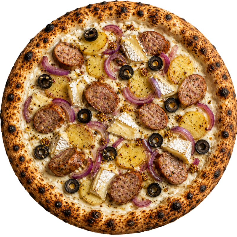 La Troyenne - crème fraîche, olives, andouillettes, Chaource, oignon rouge, pomme de terre, moutarde à l'ancienne