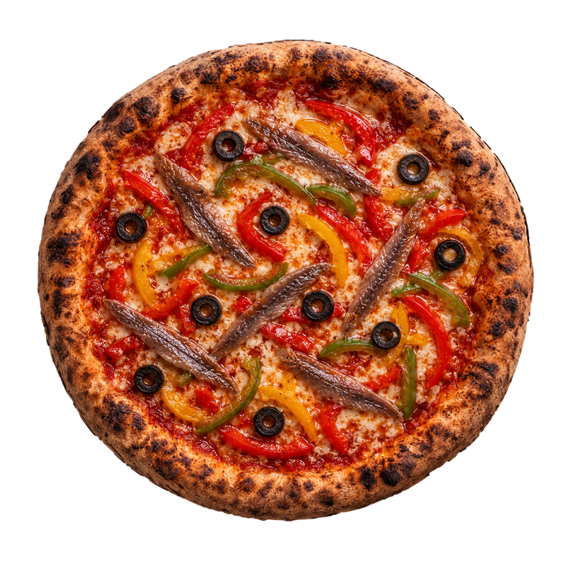 PIZZA ANCHOIS - Anchois, sauce tomate, poivrons, olives, fromage