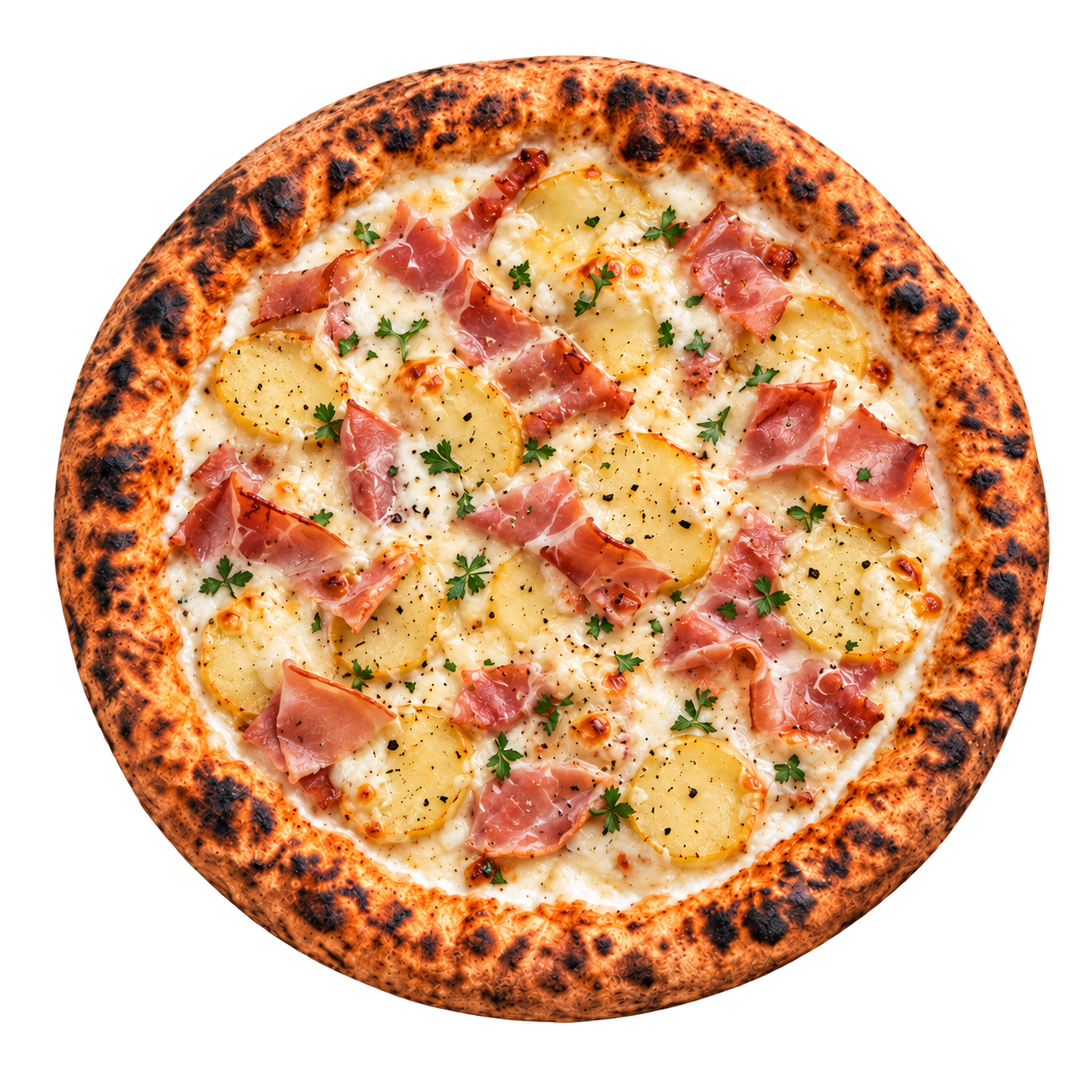 La Cancoillotte — cancoillotte 100 % Jura, pommes de terre du Jura, jambon fumé, mozzarella fondante, crème fraîche, poivre du moulin, persil frais.