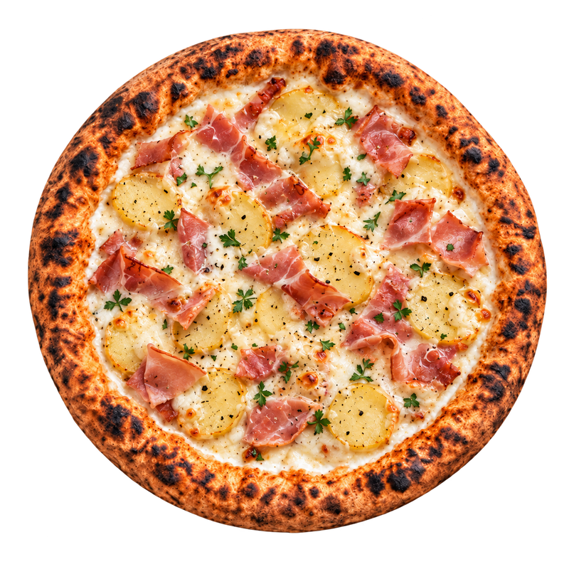 La Cancoillotte — cancoillotte 100 % Jura, pommes de terre du Jura, jambon fumé, mozzarella fondante, crème fraîche, poivre du moulin, persil frais.