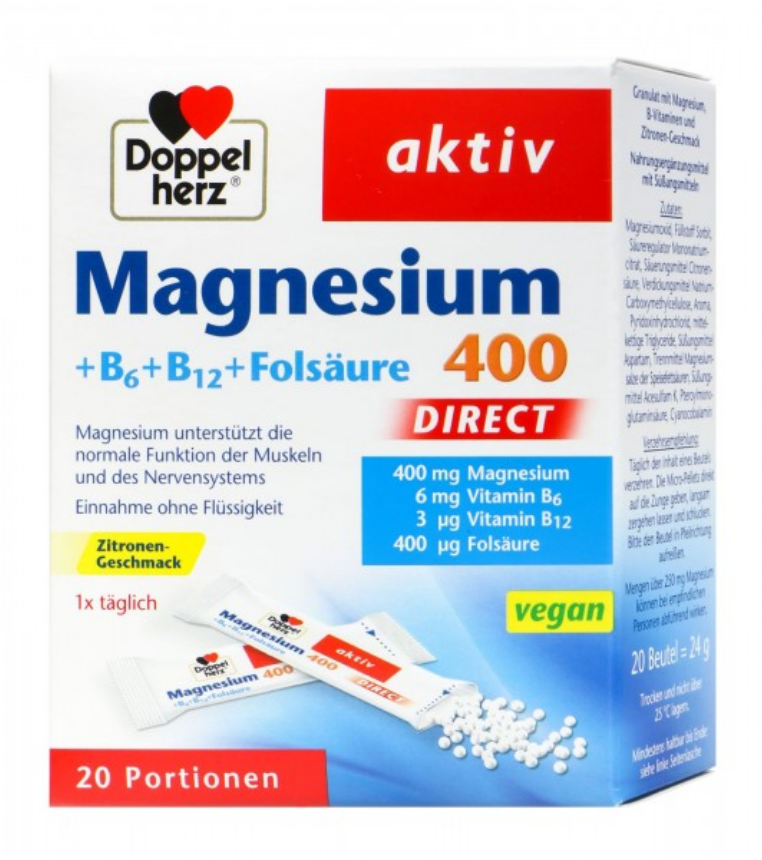 Doppelherz雙心多寶鎂 400 + 維生素 B6 + B12 + 葉酸直接顆粒 20 片，24 克 Magnesium + B6 + B12 Direct