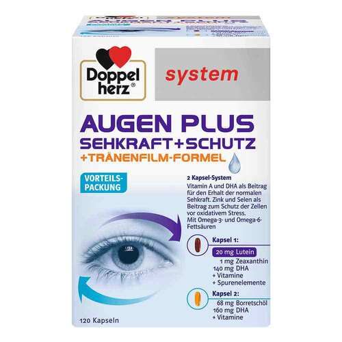 (藍盒）德國多寶雙心Doppelherz system Augen Plus SEHKRAFT + SCHUTZ 葉黃素+含淚膜成份＋Omega 3 +omega 6. (120顆)
