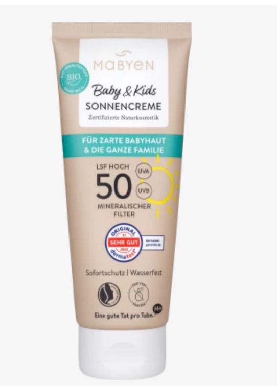 Mabyen 嬰兒和兒童敏感防曬霜
Sonnencreme Baby &amp; Kids sensitiv, LSF 50, 100 ml