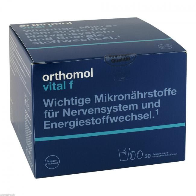 Orthomol Vital f 女性專用 - 緩解疲勞 - 富含 B 群維生素、Omega-3 和鎂 - 30入顆粒/片劑/膠囊 - 橙味