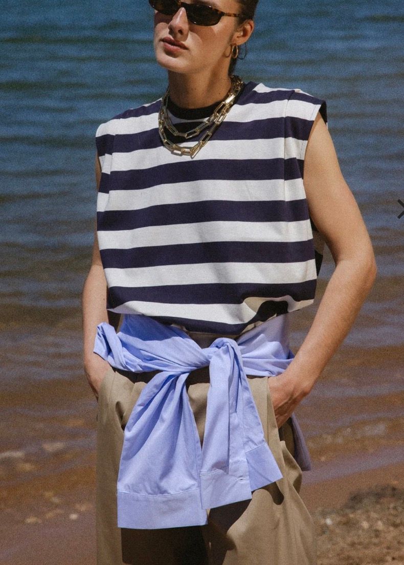 Ame Antwerpen Sleeveless t-shirt blauw en ecru Oxo