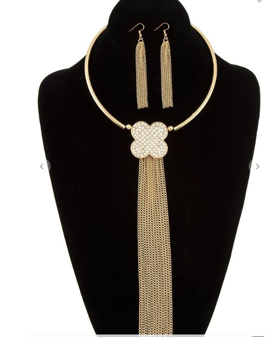 RHINESTONE CLOVER CHAIN TASSEL LINK NECKLACES SET