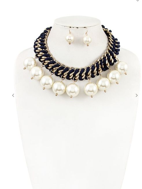 Chain Cord Pearl Dangle Necklace Set