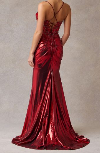 SLEEVELESS, V-NECK, SHEATH, SLIT, LACE UP BACK