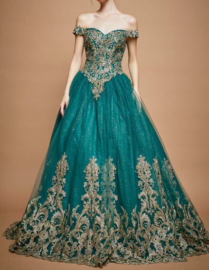 OFF-SHOULDER, SWEETHEART, BALLGOWN, LACE UP BACK, TAIL