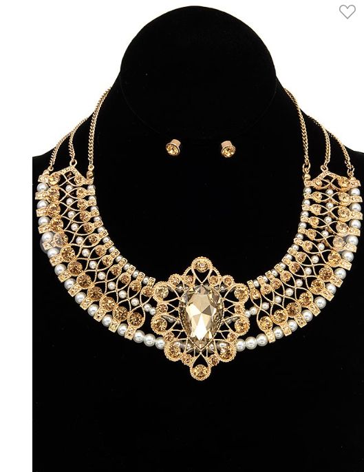 Crystal Gem Pave Ornate Bib Necklace Set
