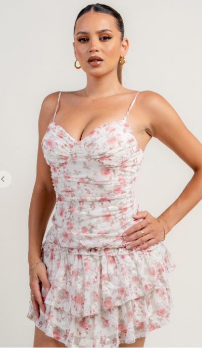 Mesh Flocking Floral Print Corset Mini Dress PD79055BST