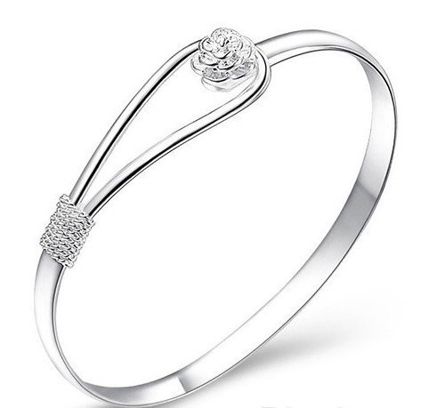 Silver Simple Circle Flower Rose Cuff Bangle Bracelet