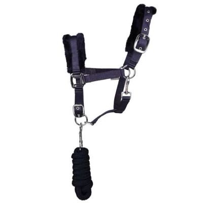 HY FAUX FUR PADDED HEADCOLLAR &amp;Leadrope  Navy Size PONY