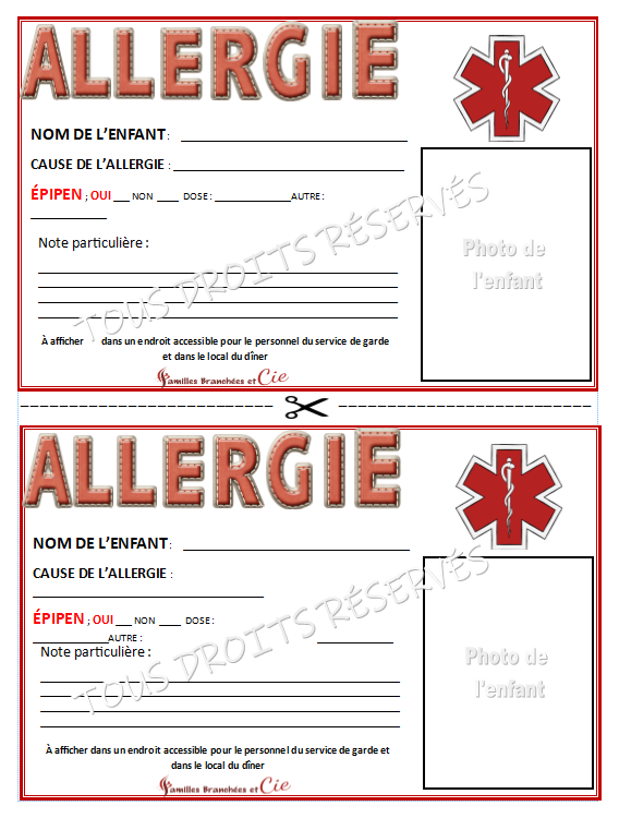 Pour affichage:  Fiche alerte allergie