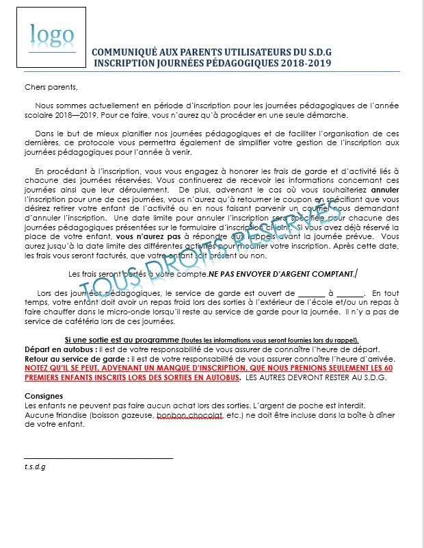 Canevas pour inscription aux journées pédagogiques
