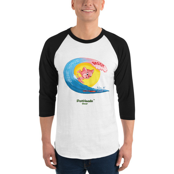 Blue Wave 3/4 sleeve raglan shirt, Color: White/Black, Size: XS