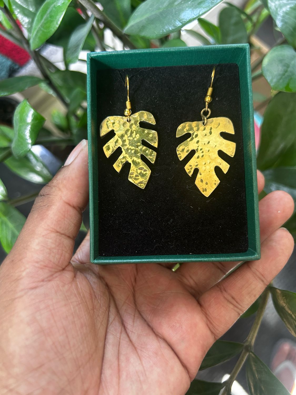 Monstera Thick Brass Earrings