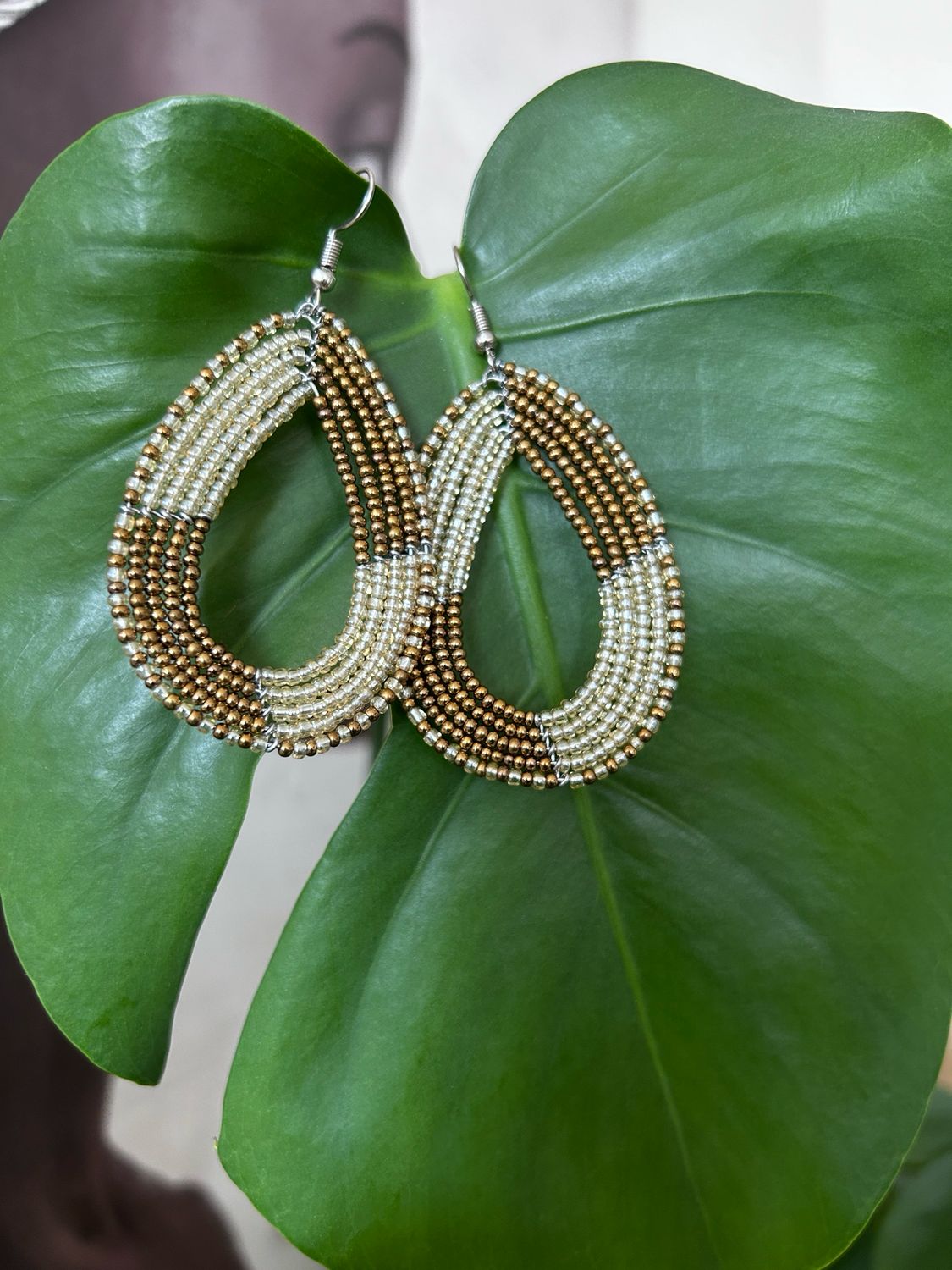 Gold and Silver Oval Beaded Earrings