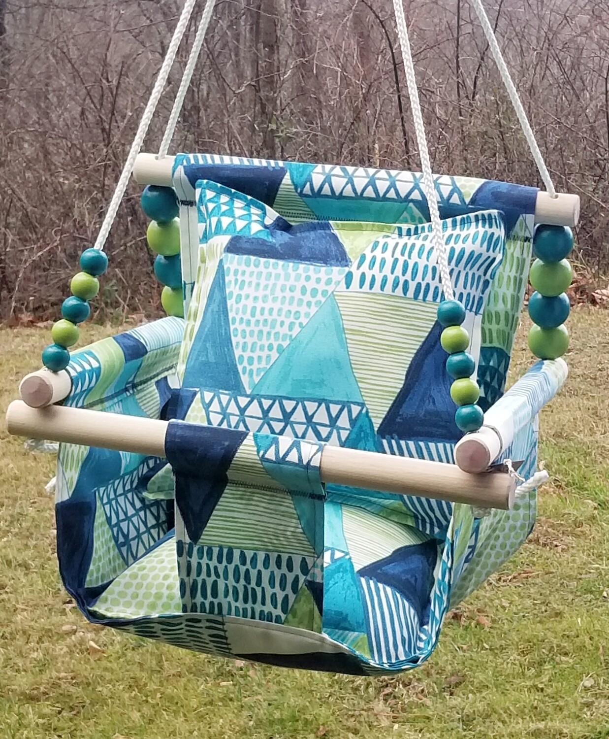 NEW WaterResistant Baby/Toddler Swing, Indoor/Outdoor Swing, Wooden Baby Swing, Handmade Fabric