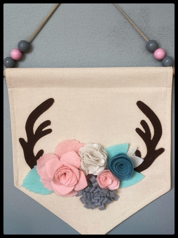 NEW Floral Antler Wall Art, Hanging Canvas , Deer Decor, Antler Art, Felt  Floral  Wall Decor, Handmade Canvas Wall Hanging