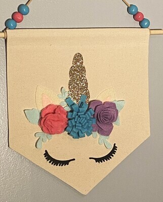 Floral Unicorn, Felt Flowers, Hand made Kids Room Decor, Nursery and Toddler Wall Hanging