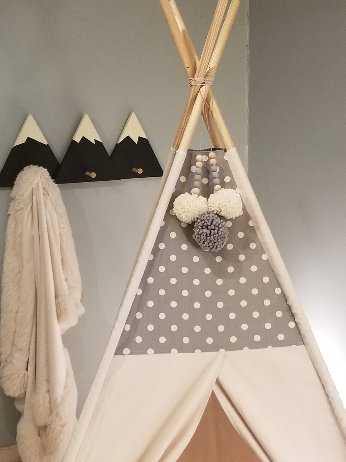 Gray Storm Dot Teepee Play Space Reading Nook Wigwam Play Tent Kids Room Decor Nursery Decor Cotton Canvas Kids Play Tent Childrens Teepee