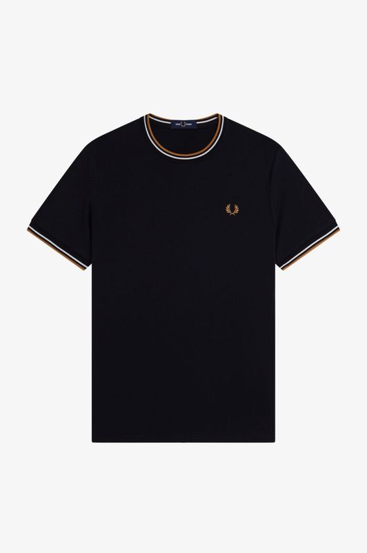 FRED PERRY- Camiseta negra dos franjas blanco/marrón