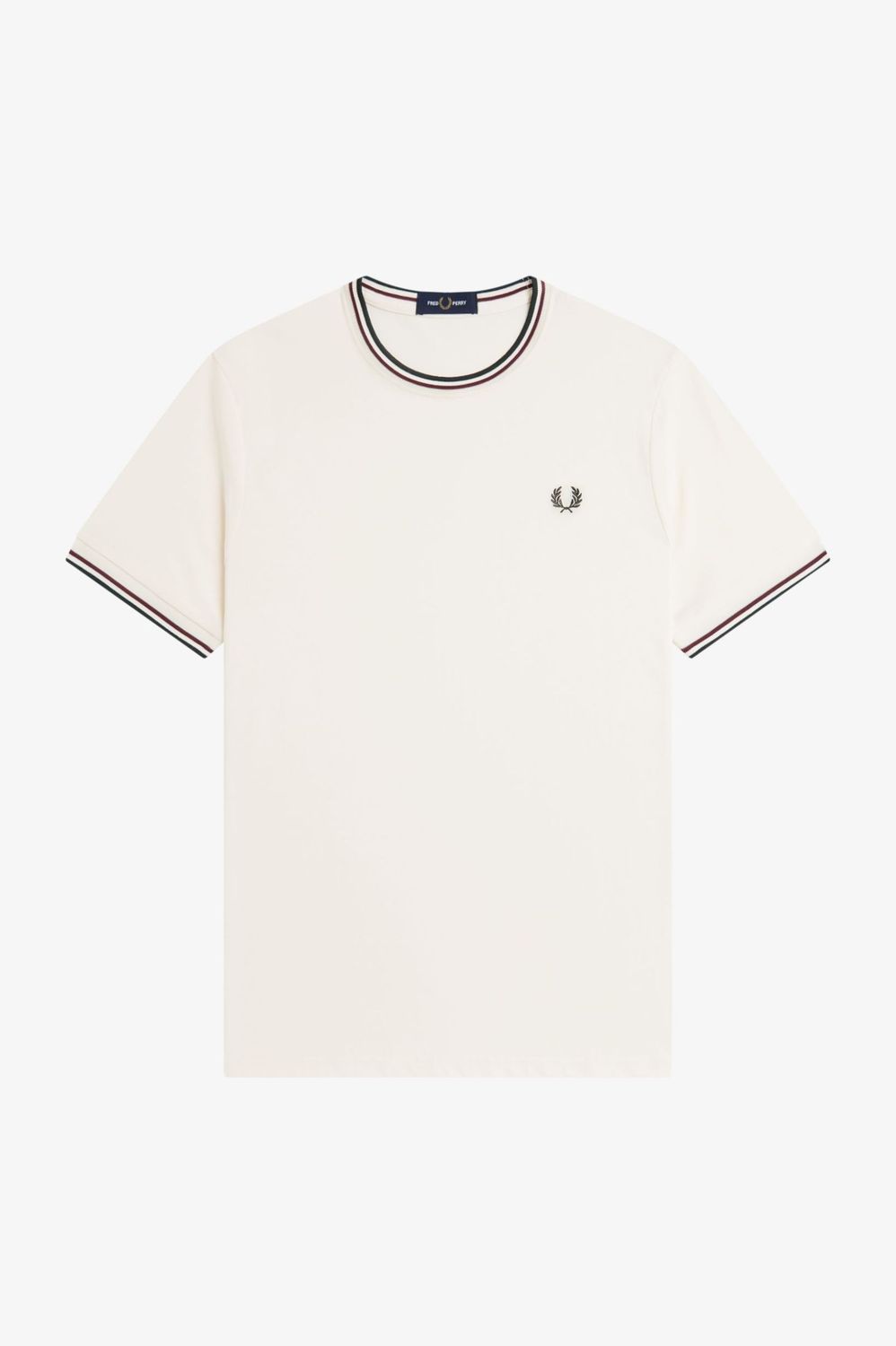 FRED PERRY- Camiseta color crudo con ribete dos franjas rojo oscuro / verde base
