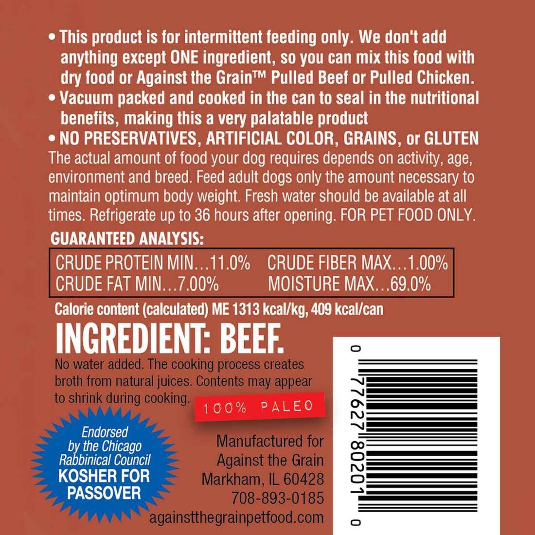 Against The Grain 100% Beef Dog Food Evangers 11oz can