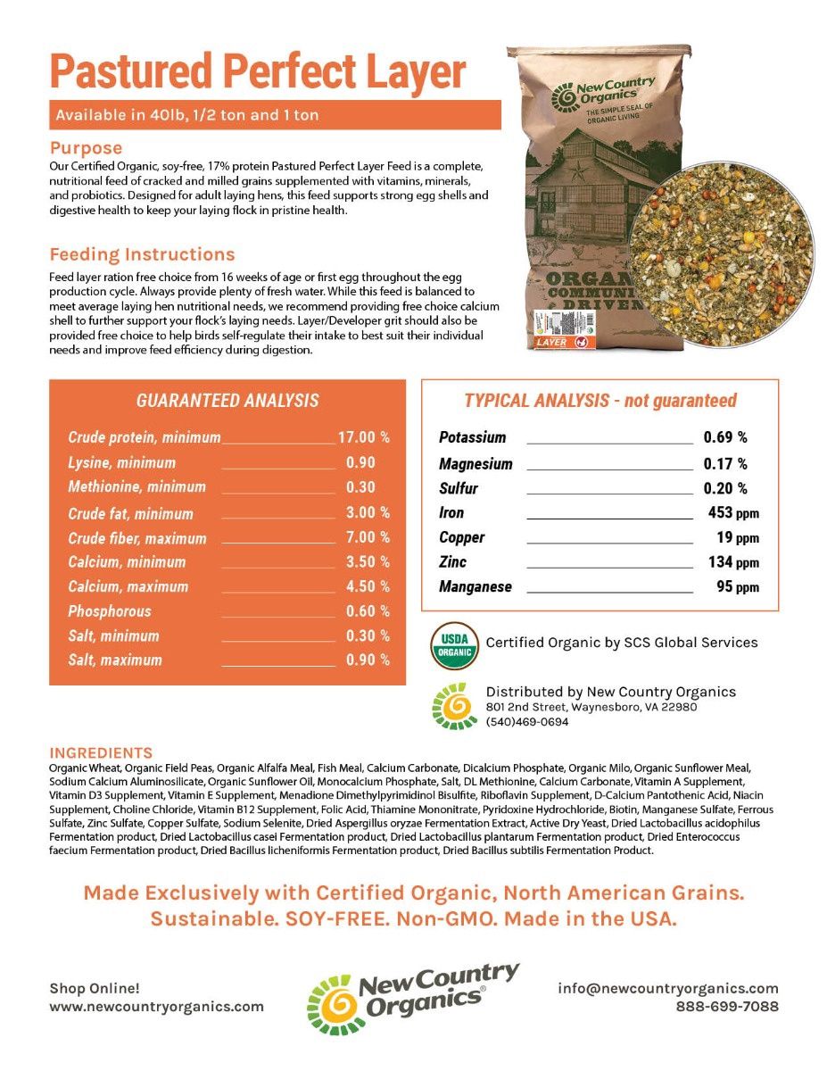 New Country Organic Pastured Perfect Layer Feed- Soy Free, Corn Free, 40lbs