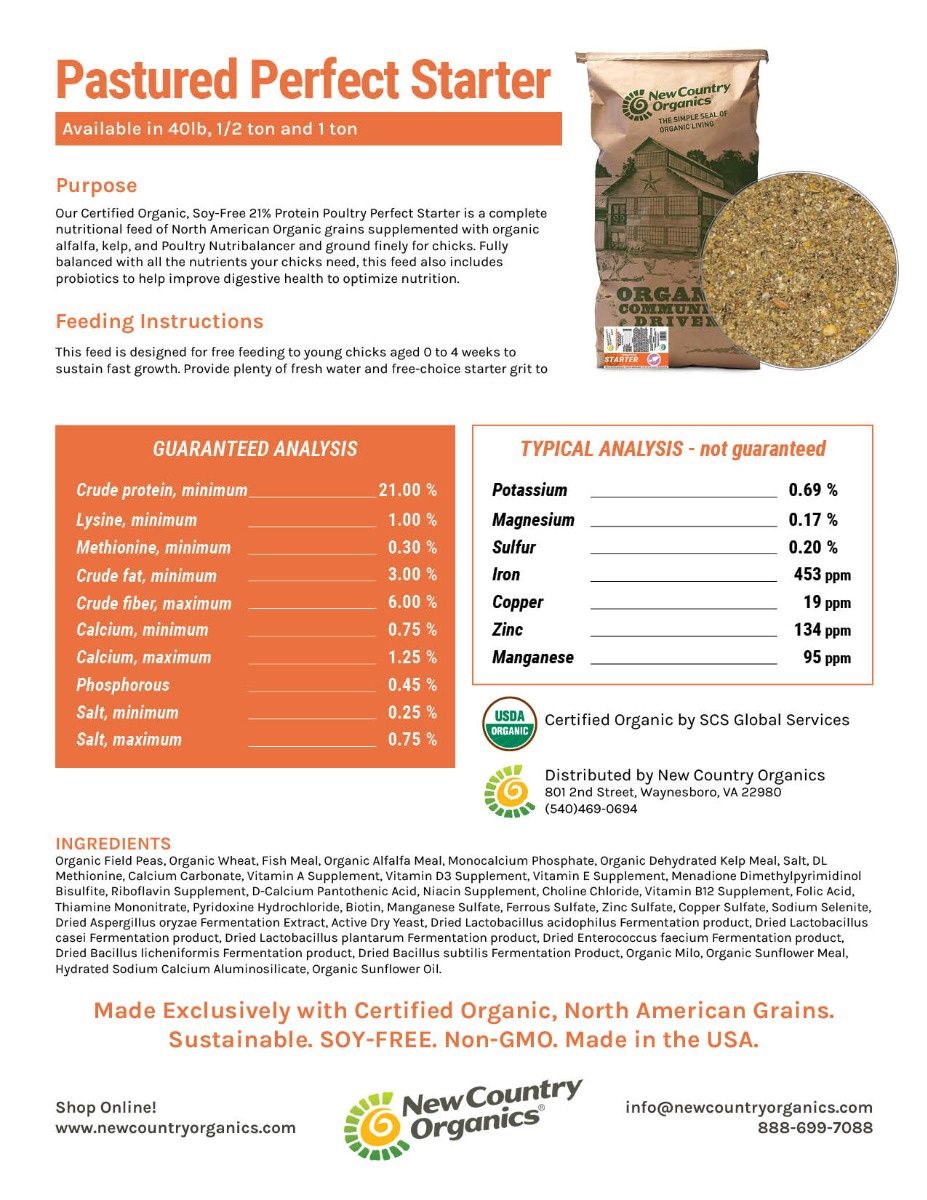 New Country Organic Pasture Perfect Starter Soy Free Corn Free, 40 lb bag