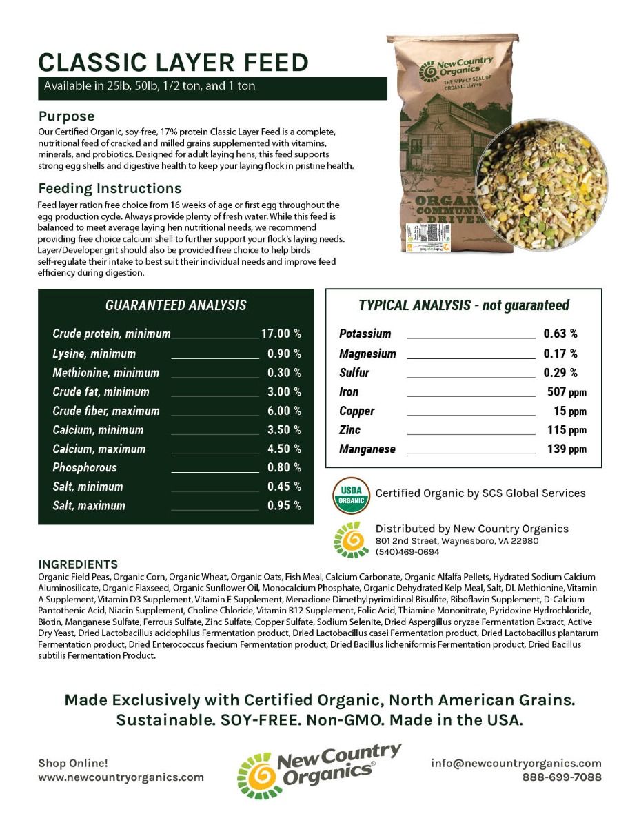 New Country Organic Classic Grind Layer Feed-Soy Free, 50lbs