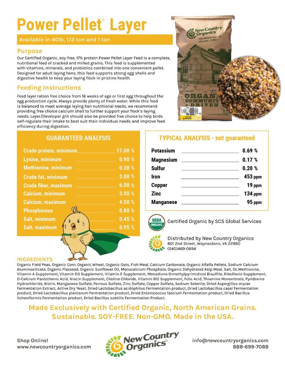 New Organic Power Pellet Layer Feed Soy Free, 40lbs