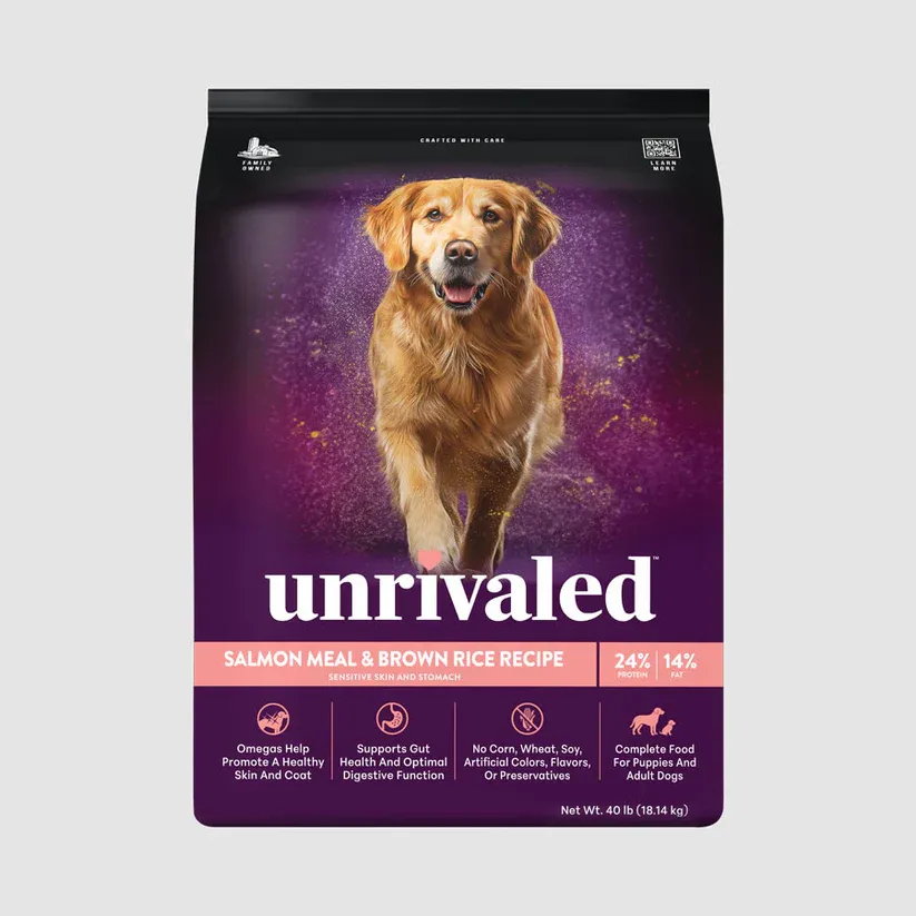 Unrivaled Salmon Meal &amp; Brown Rice Sensitive Skin and Stomach 24/14, 40 lb bag