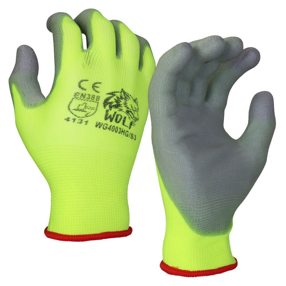 WOLF WG4003HG Hi-Viz Green PU Palm Coated Work Glove