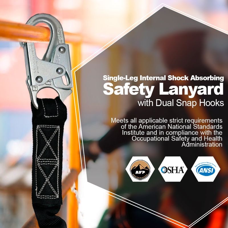 AFLS1106 6 FT Single Leg Internal Shock Absorbing Safety Lanyard with Dual Snap Hooks