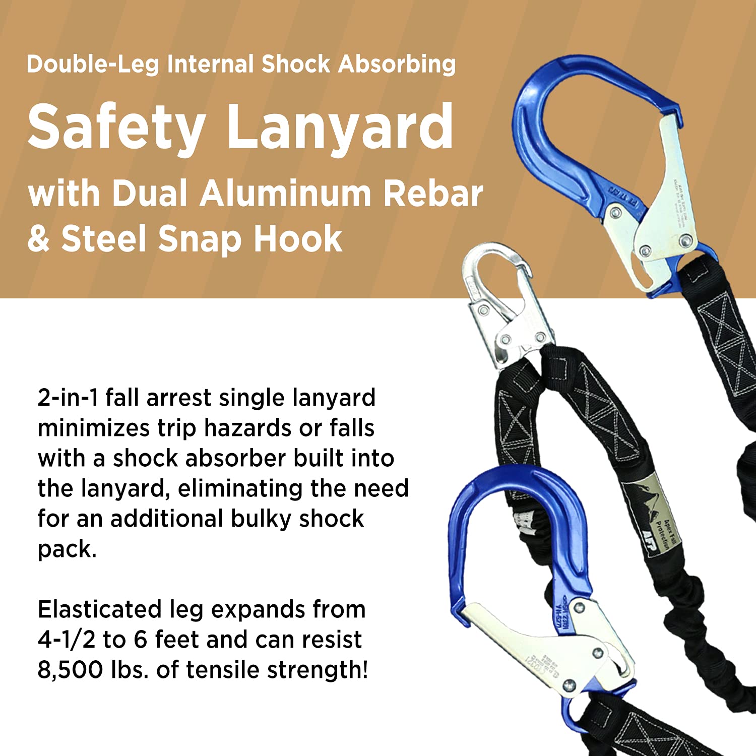 AFLD2206AL 6FT Double Leg Internal Shock Absorbing Safety Fall Protection Lanyard with Dual Aluminum Pelican Rebar & Steel Snap Hook