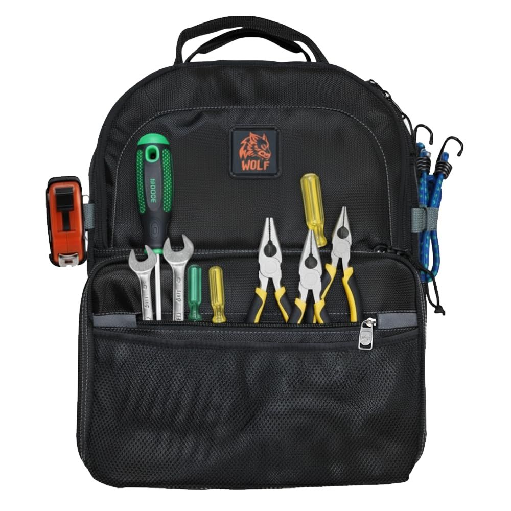 Wolf Tool Backpack - Heavy Duty with 75 Pockets and 1680D Nylon 6 Zipper for 14 pc Tool Set - Construction & Electrician Backpack Wolf Tool Backpack - Heavy Duty with 75 Pockets and 1680D Nylon 6 Zipper for 14 pc Tool Set - Construction & Electrician Backpack