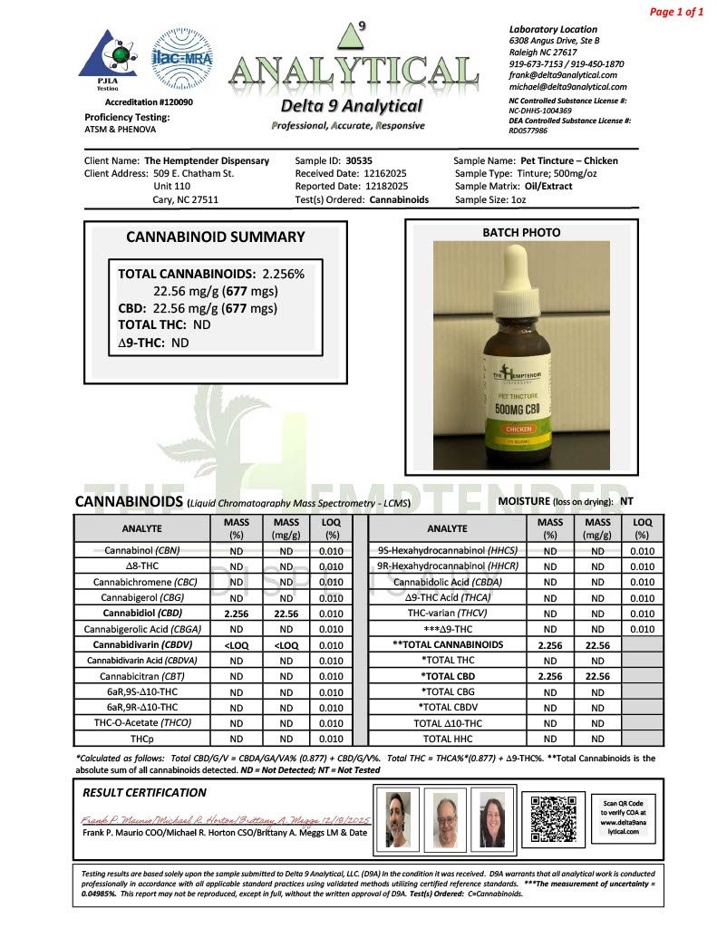 The Hemptender 500mg  CBD Pet Tincture Chicken